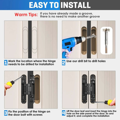 Installation guide for Ultra Quiet Hidden Door Hinge With 3D Micro Adjustable Fit For Flush Hidden Doors And Cabinets, step-by-step instructions.