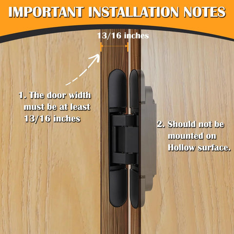 Installation guide for Hidden Door Hinges 2 Pack 6 Inch Black Heavy Duty Concealed Hinges showing door width requirements.