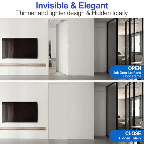 Two Kit Set Of 6 Inch Stainless Steel Hidden Door Hinges For Doors With 180 Degree Swing Concealed Design Black Heavy Duty And 3 Way Adjustable Fit For Thick Doors Mounting Hardware Included showing open and closed views in a room.