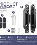 Hidden Door Hinge Kit For Concealed Doors 6 Inch 180 Degree Swing Zinc Alloy 3 Way Adjustable Butt Silent Hinges Black Pack Of 2 By Zeyuansen, with measurements and components including cover, screws, and wrench.