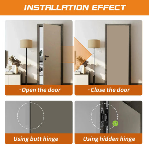 Installation effect of Hidden Door Hinge Kit For Concealed Doors 6 Inch 180 Degree Swing Zinc Alloy 3 Way Adjustable Butt Silent Hinges Black Pack Of 2 By Zeyuansen, showing open and closed door views with hinge details.