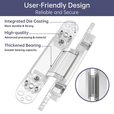 4 Pack 7 Inch Hidden Door Hinges Concealed Zinc Alloy With 180 Degree Swing 3 Way Adjustable Silent Butt Hinge for Secure Design