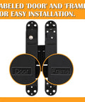 Hidden Door Hinges 2 Pack 6 Inch Black Heavy Duty Concealed Hinges labeled 'Door' and 'Frame' for secret doors and bookcase doors.