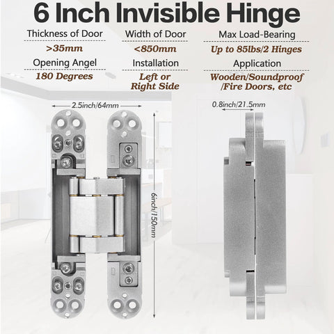 Hidden Door Hinges 6 Inch Stainless Steel Pack Of Two Concealed Hinges With 180 Degree Swing 3 Way Adjustable Heavy Duty For Secret Doors