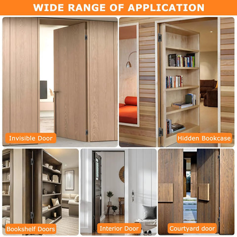 Wide range of applications for Slim Concealed Hidden Door Hinges 2Pack, shown on invisible door, hidden bookcase, interior and courtyard doors.