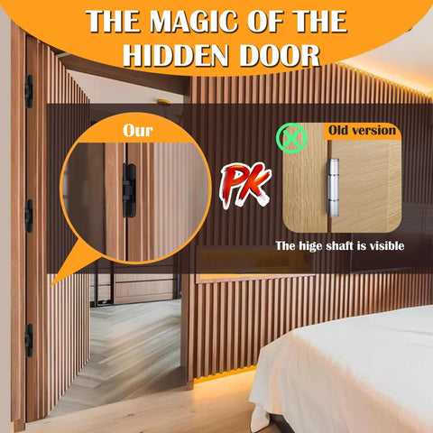 Hidden Door Hinges 2 Pack 6 Inch Black Heavy Duty Concealed Hinges installed in a wooden panel for secret doors and bookcase doors.