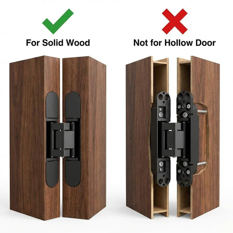 QWORK 6-inch hidden door hinges (2-pack) for solid wood doors; zinc alloy, fits up to 50mm wide and 0–35mm thick.