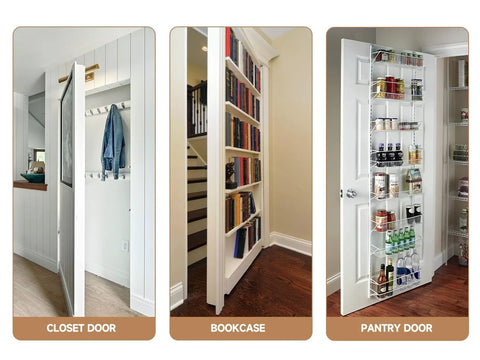 Hidden Door Hinges Two Pack Ultra Thin Concealed Hinges for secret doors shown in closet, bookcase, and pantry installations.