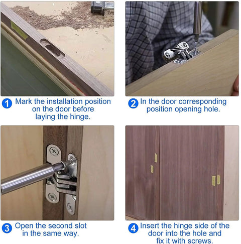 Installation guide for Hidden Door Hinges Set For Cabinets 180 Degree Concealed Cross Hinges with steps for aligning and screwing.