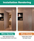 Installation of concealed hydraulic 7-inch door hinges in open and closed positions, showing self-closing action and flush look.