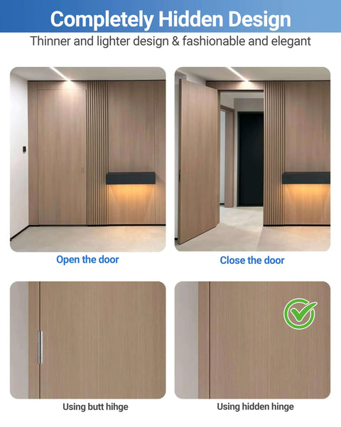 Invisible Door Hinges 2 Pack 6 Inch Silver Hidden Hinges shown on wooden doors with open and close views
