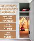 Hidden Door Hinges Two Pack Ultra Thin Concealed Hinges For Secret Doors Pantries And Closets No Tools Needed Heavy Duty Invisible Design Ideal For DIY Projects Fits Doors One Inch Thick And Frames At Least One And Seven Sixteenths Inches image shows a child playing guitar in a secret space behind a white door with specifications displayed on the side.