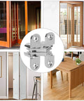 Hidden Door Hinges Set For Cabinets, showcasing 180 Degree Concealed Cross Hinges in use on various furniture applications, 10 Pack