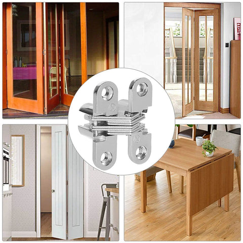 Hidden Door Hinges Set For Cabinets, showcasing 180 Degree Concealed Cross Hinges in use on various furniture applications, 10 Pack