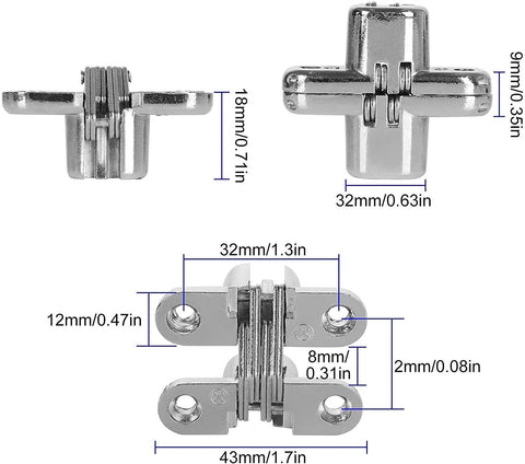 Dimensions diagram of Hidden Door Hinges Set For Cabinets 180 Degree Concealed Cross Hinges Invisible Hinges 10 Pack, showing measurements