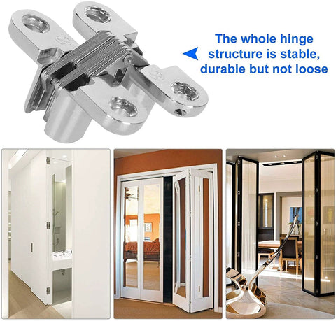 Hidden Door Hinges Set 180 Degree Concealed Cross Hinges 10 Pack in use with various doors and panels, cold rolled steel construction.