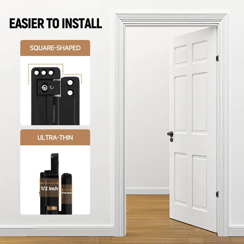 Hidden Door Hinges Two Pack Ultra Thin Concealed Hinges shown on open door, square-shaped and ultra-thin design for DIY projects.