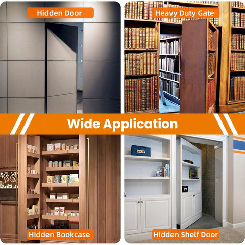 Premium Beefy Heavy Duty Hidden Door Pivot Hinge Kit for Secret Bookcase Doors, showcasing wide application in home settings.