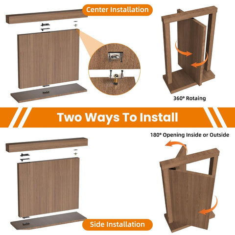 Installation guide for Premium Beefy Heavy Duty Hidden Door Pivot Hinge Kit for Secret Bookcase Doors, showing two ways to install