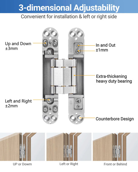 Invisible Door Hinges Set 4 Pack 6 Inch Silver Concealed Hinges with 3 Way Adjustable Swing and Copper Support