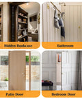 Different doors including hidden bookcase door, bathroom door, patio door, and bedroom door with concealed hinges installation.