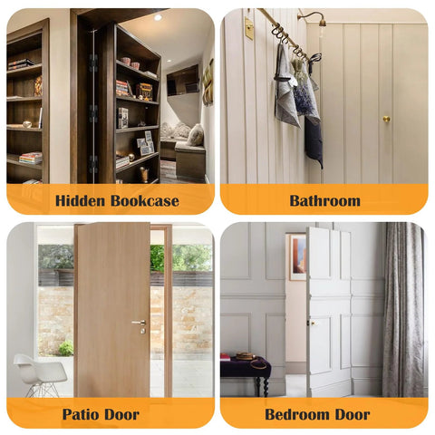 Different doors including hidden bookcase door, bathroom door, patio door, and bedroom door with concealed hinges installation.