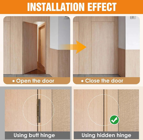 Invisible Door Slick Hidden Hinge Set Lipshome 7 Inch Concealed Hinges installation effect showing open and closed door