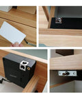 Discreet USB powered cabinet lock with NFC and RFID access on wooden drawers, featuring secure keyless entry setup.