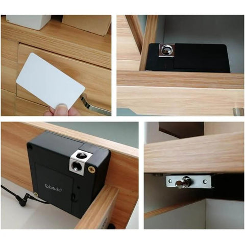 Discreet USB powered cabinet lock with NFC and RFID access on wooden drawers, featuring secure keyless entry setup.