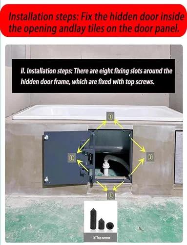 Installation steps for industrial grade concealed pivot hinge kit on bathroom access door with fixing slots and screws visible.