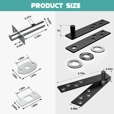 Product size diagram of heavy duty hidden door hinges with 360 degree rotation for hidden pivot door hinges for wood rooms and bookcases.