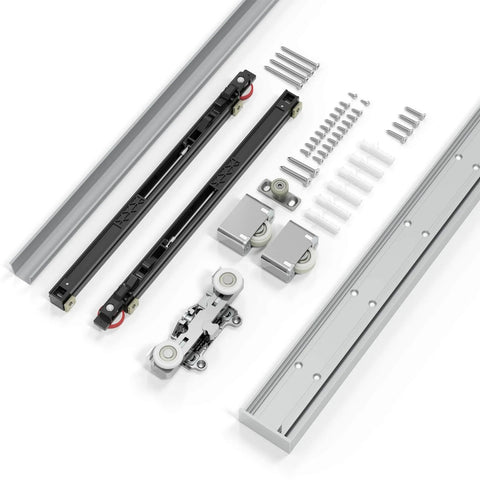36" Concealed Sliding Barn Door Hardware Kit with Soft Close Mechanism for 28in Passage Opening, includes tracks, rails, and mounting hardware.