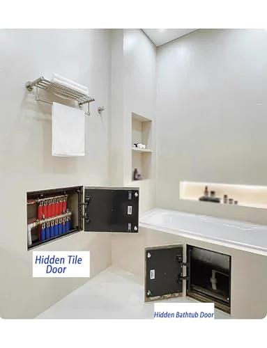 Heavy duty concealed pivot hinge for marble and stone doors offers seamless hidden access in bathroom tile wall installation.