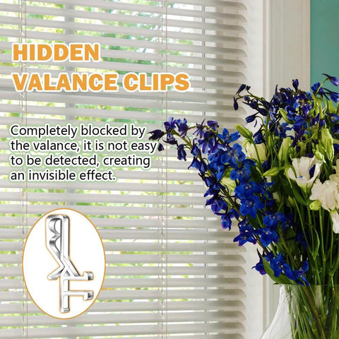 12 Pack Hidden Channel Valance Clips 1-7/8 Inch Clear Plastic Clips shown with blind and flowers displaying invisible mount