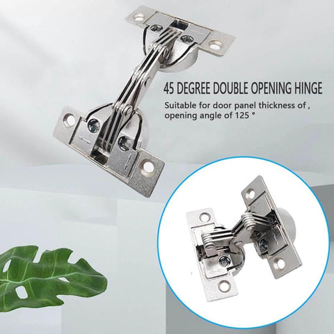 Hidden Zinc Alloy Door Hinge Set 125 Degree Oblique Side Swing For Cabinets And Bathrooms 2 Pieces Silver, showing hinge design.