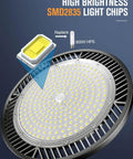 Close-up of a Crazy Bright 250W UFO High Bay LED Shop Light Two Pack 35000 Lumens at 5000K showing SMD2835 light chips.