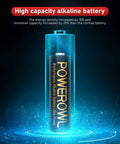 High Capacity Alkaline AA AAA Batteries 16 Pack Long Lasting 10 Year Shelf Life with performance details and glowing effect