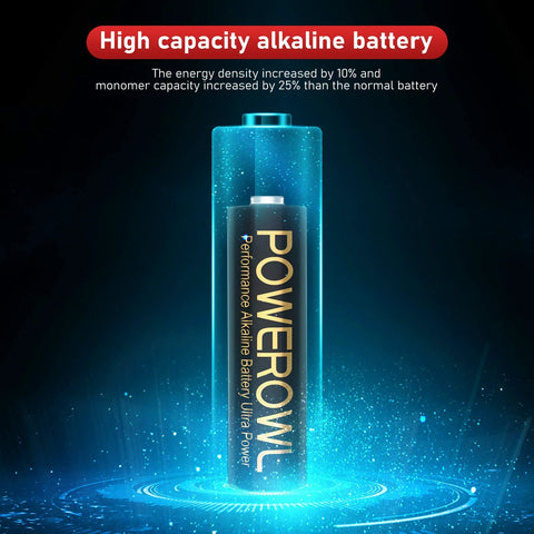 High Capacity Alkaline AA AAA Batteries 16 Pack Long Lasting 10 Year Shelf Life with performance details and glowing effect
