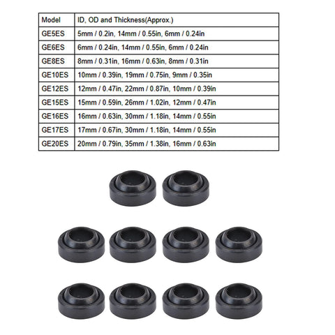 Durable 10 piece high carbon spherical ball bearing set for hydraulics with dimensions chart.