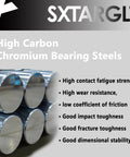 High carbon chromium bearing steels with properties listed, including fatigue strength and wear resistance.