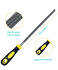 7.9-inch metal file with ergonomic handle and high-strength carbon steel, part of 8 Inch 3 Piece Metal File Set With Flat Round And Half Round Files In High Carbon Steel For Metalworking Woodworking Jewelry Making Plastics Shaping Ceramic And Glass Smoothing Durable 8 Inch Files For Precise Material Finishing And Shaping.