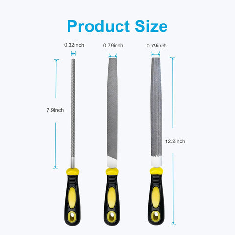 Front view of 3 Piece 8 Inch High Carbon Steel Metal File Set Includes Flat Round And Half Round Files For Metal And Wood Smoothing Shaping Deburring Durable Hand Files With 62 To 66 HRC Hardness For Long Lasting Sharp Edges.