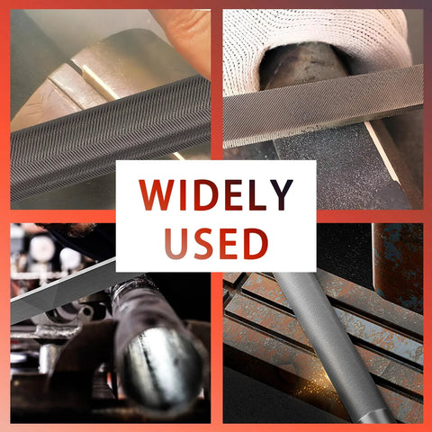 Various applications of the Three Piece 8 Inch Professional File Set with High Carbon Steel Files for Metal, Wood, and Plastic.