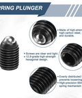 Close-up of 10 Pieces M16 By 20mm Screw Thread Ball Plunger With Hex Socket High Carbon Steel Spring Plungers, black finish, labeled features.