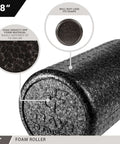 18-inch solid black foam roller with high-density EPP material for deep tissue massage and myofascial release, close-up view.