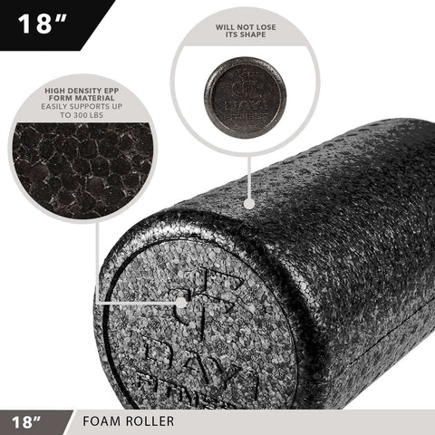 18-inch solid black foam roller with high-density EPP material for deep tissue massage and myofascial release, close-up view.