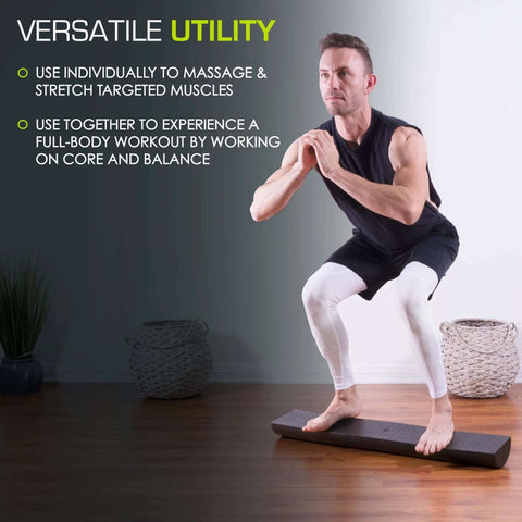 Man balancing on high density foam roller 36 inch long firm full body massager for back stretching, yoga, Pilates, deep tissue recovery.
