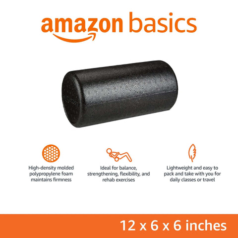 High Density 12 Inch Foam Roller for Exercise and Recovery in Black, Durable Polypropylene Core With Firm Molded Edges, shown upright