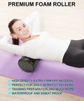 Woman using high-density 12-inch foam roller on yoga mat for full body recovery