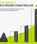 36-Inch High Density Foam Roller alongside smaller size options, showing dimensions and textured grip for versatile use in stretching and recovery.